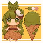  1girl :3 antenna_hair barefoot blush brown_jacket brown_sash brown_shirt chibi closed_mouth commentary_request dango food food-themed_clothes food-themed_hair_ornament green_eyes green_hair hair_ornament highres ice_cream ice_cream_cone jacket long_hair matcha_(food) melting_eyes mochi original personification sanshoku_dango shirt skirt skirt_set sleeveless sleeveless_jacket solo standing tetolapis very_long_hair wagashi 