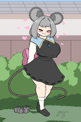  1girl :3 =_= animal_ear_fluff animal_ears arms_behind_back black_ribbon blue_capelet blue_sky blunt_bangs blush box breasts building bush capelet closed_eyes crystal_necklace english_commentary fence gift gift_box grass grey_hair grey_shoes grey_skirt grey_vest heart heart-shaped_box highres holding holding_gift large_breasts long_sleeves looking_up mouse_(animal) mouse_ears mouse_girl mouse_tail nazrin ribbon ribbon-trimmed_skirt ribbon_trim shirt short_hair skirt sky smile socks tail thick_thighs thighs touhou valentine very_long_tail vest walking white_shirt white_socks yellow_trim zedrin 