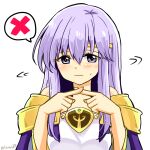  1girl circlet closed_mouth commentary_request dress fire_emblem fire_emblem:_genealogy_of_the_holy_war julia_(fire_emblem) long_hair looking_at_viewer purple_hair simple_background solo spoken_x violet_eyes x_fingers yukia_(firstaid0) 