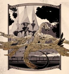  animal_focus bilingual_commentary black_horns border brick_floor brown_border curled_horns curved_horns dragon dragon_wings feathered_wings final_fantasy final_fantasy_xiv floating_building floating_castle fortress from_behind full_body hatching_(texture) horns hraesvelgr_(ff14) light_rays limited_palette linear_hatching looking_to_the_side mixed-language_commentary multiple_horns multiple_wings no_humans ornate_border outdoors outside_border sepia signature solo spiked_spine spiked_tail spread_wings tail tree twitter_username watermark wings yabuka_shiwa 