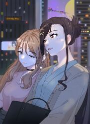 2girls akemi_homura bag black_hair blazer brown_eyes brown_hair building candy_boy charlotte_(madoka_magica) choker ciecl cityscape copyright_name ear_piercing earrings hair_bun hair_ornament hairclip highres incest jacket jewelry kaname_madoka lips long_hair mahou_shoujo_madoka_magica multiple_girls night one_eye_closed piercing sakurai_kanade sakurai_yukino siblings sisters sitting smile twincest twins yuri 
