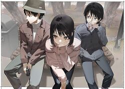  1girl 2boys bench black_hair brown_eyes brown_jacket can drinking fisheye glasses grey_jacket hand_in_pocket hand_on_own_face hat holding holding_can jacket looking_to_the_side medium_hair mi8pq multiple_boys nakahara_misaki nhk_ni_youkoso! on_bench outdoors park_bench satou_tatsuhiro short_hair sitting sweater trash_can tree white_sweater yamazaki_kaoru 