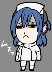  1girl :&lt; arms_at_sides bkub black_eyes blue_hair chibi chibi_only closed_mouth commentary_request double-parted_bangs dress full_body furrowed_brow grey_background grey_hair hair_between_eyes hat headphones hiramatsu_(sakusei_byoutou) legs_apart medium_hair nurse nurse_cap sakusei_byoutou shaded_face short_dress short_sleeves simple_background socks solo standing white_dress white_hat white_shoes white_socks 