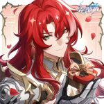  1boy argenti_(honkai:_star_rail) armor box breastplate commentary_request green_eyes heart-shaped_box holding holding_box honkai:_star_rail honkai_(series) long_hair looking_at_viewer male_focus official_art redhead smile solo upper_body 