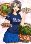 1girl blue_shirt blue_skirt blue_t-shirt casual clothes_writing commentary cowboy_shot food freckles girls_und_panzer grey_eyes grey_hair highres holding holding_plate long_hair looking_at_viewer low_ponytail miniskirt omachi_(slabco) open_mouth piyotan_(girls_und_panzer) plate pleated_skirt ponytail shirt skirt smile solo standing t-shirt