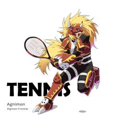  agnimon armor black_bodysuit blonde_hair bodysuit character_name copyright_name digimon digimon_(creature) digimon_frontier english_text full_body horns lao_wen long_hair racket red_armor simple_background solo tennis tennis_racket white_background 