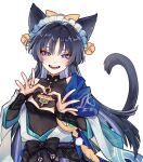  1boy :d alternate_hair_length alternate_hairstyle animal_ears bell black_bow black_hair black_shirt blue_cape blush bow bridal_gauntlets cape cat_boy cat_day cat_ears cat_tail choppy_bangs commentary_request eyeshadow fangs frills genshin_impact hair_bell hair_between_eyes hair_bow hair_intakes hair_ornament hands_up heart heart_hands highres jacket jingle_bell long_hair looking_at_viewer maid_headdress makeup male_focus off_shoulder open_clothes open_jacket open_mouth pom_pom_(clothes) red_eyeshadow rope sash scaramouche_(genshin_impact) shima_usagi shirt short_sleeves sidelocks simple_background sleeveless sleeveless_shirt smile solo tail tassel teeth tongue very_long_hair violet_eyes vision_(genshin_impact) wanderer_(genshin_impact) white_background white_jacket wide_sleeves yellow_bow 