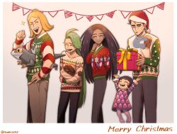  2boys 3girls arctibax arm_behind_back black_hair blonde_hair blush child christmas_sweater clenched_hand clodsire closed_eyes commentary_request dark-skinned_female dark_skin dress geeta_(pokemon) gift glimmet green_hair hand_on_own_hip hassel_(pokemon) hat highres holding holding_gift komala larry_(pokemon) long_hair merry_christmas multiple_boys multiple_girls nose_blush open_mouth paldean_wooper pokemon pokemon_sv ponytail poppy_(pokemon) print_sweater purple_dress rika_(pokemon) santa_hat short_hair sleeping sleeping_upright smile suma3695 sweater thick_eyebrows tinkatink twitter_username very_long_hair 