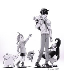  1boy 1girl :o absurdres aged_down backpack bag child commentary_request greyscale highres holding holding_poke_ball komala larry_(pokemon) loafers monochrome multicolored_hair necktie open_mouth paldean_wooper phanpy poke_ball pokemon pokemon_(creature) pokemon_sv polo_shirt ponytail reverse_trap rika_(pokemon) shoes short_shorts shorts smile staravia streaked_hair suma3695 twitter_username two-tone_hair 