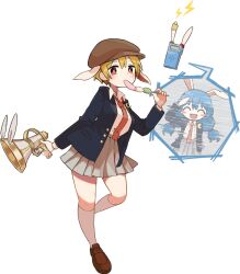  2girls alternate_costume animal_ears blazer blonde_hair blue_hair blush brown_hat cabbie_hat collared_shirt crescent crescent_pin dango eating floppy_ears food game_cg grey_skirt gun hakurei_frontier_spell_strive hat highres holding holding_gun holding_skewer holding_weapon jacket kneehighs kyuukei_usagi loafers long_hair long_sleeves looking_at_viewer low_twintails lunatic_gun multiple_girls necktie official_art open_clothes open_jacket open_mouth pleated_skirt rabbit_ears red_eyes red_necktie ringo_(touhou) sanshoku_dango school_uniform seiran_(touhou) shirt shoes short_hair skewer skirt smile socks third-party_source touhou transparent_background twintails wagashi weapon white_shirt white_socks 