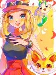  1girl :d blue_eyes border commentary_request eyewear_on_headwear fangs fennekin floette floette_(red) fox glint hat heart mega_stone nfvw2evamr86075 notice_lines open_mouth orange_eyes outside_border pokemon pokemon_(creature) pokemon_xy red_headwear red_skirt simple_background skirt smile snout sunglasses teeth upper_body upper_teeth_only white-framed_eyewear white_border yellow_background yellow_fur 