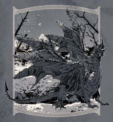  animal_focus bare_tree bilingual_commentary black_horns border curled_horns curved_horns dragon dragon_wings final_fantasy final_fantasy_xiv from_side full_body grey_border grey_sky greyscale hatching_(texture) horns limited_palette linear_hatching mixed-language_commentary monochrome mountain mountainous_horizon multiple_horns multiple_wings nidhogg_(ff14) no_humans ornate_border outdoors outside_border river riverbank signature sky snow snowing solo spiked_spine spiked_tail spread_wings tail tree twitter_username watermark wings yabuka_shiwa 
