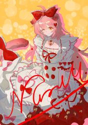  1girl absurdres arknights bow chinese_commentary closed_mouth commentary_request dress frilled_bow frills gloves goldenglow_(arknights) goldenglow_(party_in_the_garden)_(arknights) hair_between_eyes hair_bow hair_ornament heart heart_hair_ornament highres long_hair official_alternate_costume one_eye_closed orange_hair pink_hair red_bow short_sleeves smile solo white_dress white_gloves yellow_background yuan_deng_su_hua_guanjun 