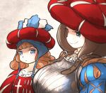  2girls armor blonde_hair blue_eyes boobplate breastplate brown_hair girl_staring_at_guys_chest_(meme) hat ironlily landsknecht landsknecht_(ironlily) long_sleeves meme multiple_girls original puff_and_slash_sleeves puffy_sleeves reislaeufer_(ironlily) smile upper_body 