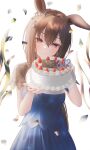  1girl admire_vega_(umamusume) animal_ears birthday birthday_cake blue_dress blush breasts brown_hair cake closed_mouth confetti dress food happy_birthday head_tilt highres holding holding_plate horse_ears long_hair multicolored_hair plate rang_c short_sleeves small_breasts smile solo standing straight-on streaked_hair umamusume upper_body violet_eyes 