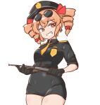  1girl alternate_costume baton_(weapon) black_gloves black_headwear black_shirt black_skirt commentary_request drill_hair earrings eyewear_on_head gloves holding jewelry looking_at_viewer mizusoba necktie orange_eyes orange_hair police police_badge police_uniform round_eyewear shirt simple_background skirt solo sunglasses touhou twin_drills uniform weapon white_background yellow_necktie yorigami_jo&#039;on 