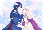  1boy 1girl absurdres blue_cloak blue_eyes blue_hair blush cloak dress fire_emblem fire_emblem:_genealogy_of_the_holy_war hand_on_another&#039;s_cheek hand_on_another&#039;s_face headband highres holding_hands implied_incest julia_(fire_emblem) long_hair looking_at_another matoke ponytail purple_cloak purple_hair sash seliph_(fire_emblem) simple_background smile violet_eyes white_headband white_sash wide_sleeves 
