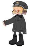  1girl black_footwear black_headwear black_jacket blonde_hair boots commentary_request full_body hat headphones highres inkling inkling_girl inkling_player_character jacket labuchushizmb medium_hair orange_eyes peaked_cap simple_background sleeves_past_wrists solo splatoon_(series) standing tentacle_hair white_background 