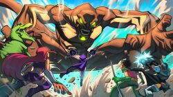  2girls 4boys absurdres alien battle beast_boy_(dc) ben_10 ben_10:_alien_force ben_tennyson crossed_legs cyborg_(dc) dc_comics dick_grayson fighting_stance green_eyes green_light highres multiple_boys multiple_girls obarii omnitrix raven_(dc) robin_(dc) starfire superhero_costume teen_titans teen_titans_(tv_series) 