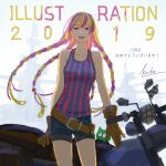  1girl 2019 belt black_shorts blonde_hair brown_belt brown_gloves cowboy_shot gloves hiko_(scape) illustration.media looking_at_viewer motor_vehicle motorcycle multicolored_hair open_mouth purple_hair shorts signature smile solo striped_tank_top tank_top two-tone_hair violet_eyes 