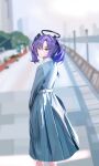  1girl absurdres alternate_costume blue_archive blurry blurry_background blush derivative_work feet_out_of_frame halo highres looking_at_viewer looking_back outdoors purple_hair si_(hnma5353) smile solo two_side_up violet_eyes yuuka_(blue_archive) 