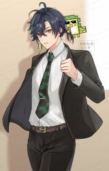  1boy 1other ajaw_(genshin_impact) alternate_costume belt black_hair black_jacket black_necktie black_pants black_suit genshin_impact green_eyes green_hair hair_between_eyes highres jacket kinich_(genshin_impact) long_sleeves looking_at_viewer male_focus multicolored_hair necktie necoco112061 pants shirt short_hair suit white_shirt 