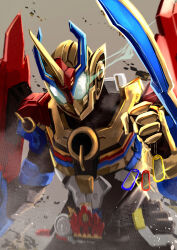  1boy absurdres armor black_bodysuit blue_armor bodysuit build_driver build_new_world:_kamen_rider_grease compound_eyes dog_tags fullbottle gold_armor grease_fullbottle grease_perfect_kingdom grey_eyes highres holding kamen_rider kamen_rider_build_(series) kamen_rider_grease kamen_rider_grease_perfect_kingdom lee_brocco multicolored_armor red_armor shoulder_armor standing upper_body yellow_armor 
