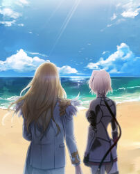  1boy 1girl aki_(neyuki41028) arm_at_side arms_at_sides beach bird black_gloves blonde_hair blue_sky blurry caenis_(fate) caenis_(first_ascension)_(fate) clothing_cutout clouds cowboy_shot dark-skinned_female dark_skin day depth_of_field facing_away fate/grand_order fate_(series) feathers fingerless_gloves frilled_sleeves frills from_behind gloves gold_trim jacket kirschtaria_wodime light_rays long_hair long_sleeves no_gloves ocean olympus_(fate/grand_order) outdoors pants ponytail sand side-by-side single_vambrace sky suit sunbeam sunlight thigh-highs thigh_cutout vambraces water white_bird white_feathers white_hair white_jacket white_pants white_suit white_thighhighs 