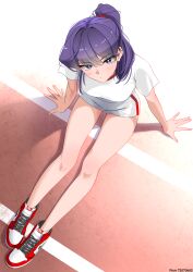  1girl absurdres arm_support bare_legs botttomtext closed_mouth from_above gym_uniform highres komi-san_wa_komyushou_desu komi_shouko legs long_hair looking_at_viewer looking_up on_ground ponytail purple_hair shirt short_shorts shorts solo track_and_field violet_eyes white_shirt white_shorts 