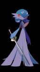  alternate_color black_background blue_hair bob_cut colored_skin dress gardevoir highres holding holding_sword holding_weapon multicolored_skin orange_eyes pokemon pokemon_(creature) shiny_pokemon simple_background sword two-tone_skin v_(govvvvw) weapon white_dress white_skin 