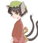  1girl alternate_costume animal_ear_piercing animal_ears brown_eyes brown_hair cat_ears cat_tail chen commentary_request earrings expressionless frills from_side green_headwear hat japanese_clothes jewelry kimono looking_to_the_side mob_cap multiple_tails nekomata petite red_kimono s-a-murai short_hair simple_background single_earring slit_pupils solo tail touhou two_tails upper_body white_background 