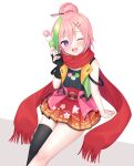  1girl blush dango food green_hair hair_ornament highres holding holding_food jacket multicolored_hair nata_ichio one_eye_closed open_mouth original pink_hair red_scarf red_skirt scarf single_thighhigh skirt smile solo thigh-highs violet_eyes wagashi 