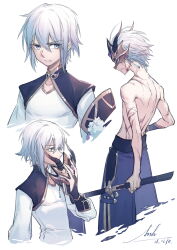  1boy absurdres arsh_(thestarwish) artist_name blue_eyes dated fate/grand_order fate_(series) highres holding holding_mask holding_sword holding_weapon male_focus mask multiple_scars multiple_views prince_of_lan_ling_(fate) scar scar_on_arm scar_on_back scar_on_shoulder sword weapon white_background white_hair 