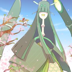  blue_sky blush celesteela cherry_blossoms clouds commentary_request day flower holding holding_flower in_tree kartana kasugai_(de-tteiu) leaf no_humans open_mouth outdoors pink_flower pokemon pokemon_(creature) rayman_limbs sitting sitting_in_tree size_difference sky smile tree 