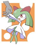  colored_skin envi55109095 grabbing_another&#039;s_hand green_hair hair_over_one_eye highres kirlia long_hair multicolored_skin open_mouth orange_background out_of_frame pink_eyes pokemon pokemon_(creature) simple_background smile two-tone_skin white_skin 