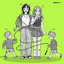  +++ 2boys 2girls :d :o ^^^ ^_^ age_difference baggy_pants bandaid bandaid_on_face bandaid_on_knee bandaid_on_leg bound brother_and_sister brothers cable closed_eyes commentary english_commentary flying_sweatdrops full_body green_background greyscale_with_colored_background hand_in_pocket height_difference highres holding holding_cable jacket jewelry kimsei kininatteru_hito_ga_otoko_ja_nakatta koga_mitsuki long_hair long_sleeves looking_at_another looking_down loose_socks microphone miniskirt multiple_boys multiple_girls nail_polish necklace off_shoulder oosawa_aya open_clothes open_jacket open_mouth pants pleated_skirt prank running shirt shoes short_hair short_sleeves shorts siblings side-by-side skirt smile sneakers socks standing surprised sweater t-shirt tied_up_(nonsexual) twins twitter_username wavy_hair wrapped_up 