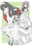  3girls alternate_costume amarys_(pokemon) apron black_dress black_hair blue_eyes brown_eyes carmine_(pokemon) clothes_pull colored_inner_hair crossed_bangs dress full_body glasses hair_between_eyes lacey_(pokemon) looking_at_viewer maid_apron maid_headdress mizuiro123 mole mole_under_eye multicolored_hair multiple_girls pantyhose pink_hair pokemon pokemon_sv redhead short_sleeves skirt_hold two-tone_hair yellow_eyes 