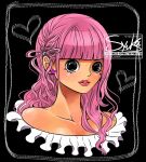  1girl black_background black_eyes blunt_bangs braid commentary dress earrings eyelashes frilled_dress frills heart jewelry long_hair looking_at_viewer one_piece one_syuka perona pink_hair pink_lips sidelocks solo star_(symbol) star_earrings upper_body watermark 