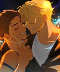  1boy 1girl alien_stage black_jacket blonde_hair brown_hair closed_eyes commentary dark-skinned_female dark_skin glasses hand_on_another's_face hashtag-only_commentary hetero highres holding_another's_wrist hyuna_(alien_stage) jacket joikzo luka_(alien_stage) shirt short_hair smile very_short_hair white_shirt 