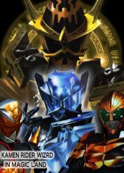  3boys armor artist_request black_background black_eyes driver_on_wizard_ring english_text gem green_eyes highres kamen_rider kamen_rider_beast kamen_rider_mage kamen_rider_sorcerer kamen_rider_wizard kamen_rider_wizard_(infinity_style) kamen_rider_wizard_(series) kamen_rider_wizard_in_magic_land magic_circle multiple_boys shoulder_armor standing upper_body wizard_ring 