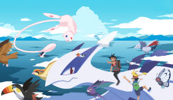 2boys absurdres altaria ash_ketchum backpack bag baseball_cap black_hair blue_sky brown_eyes butterfree closed_mouth clouds crobat fearow fletchling goh_(pokemon) green_bag grey_shirt hair_ornament hairclip hat highres lugia male_focus mew mew_(pokemon) multiple_boys outdoors pidgeot pikachu pointing pointing_forward pokemon pokemon_(anime) pokemon_(creature) pokemon_journeys red_hat shirt short_sleeves skarmory sky starly toucannon wingull yutori3218