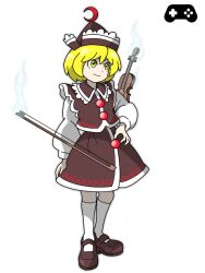  1girl blonde_hair bow_(music) brown_hat brown_shoes brown_skirt brown_vest buttons closed_mouth commentary_request crescent crescent_hat_ornament edwardmidori floating floating_object frilled_hat frills full_body hand_on_own_hip happy hat hat_ornament instrument kneehighs long_sleeves lunasa_prismriver mary_janes phantasmagoria_of_flower_view puffy_sleeves shoes simple_background skirt smile socks solo standing sugimori_ken_(style) touhou vest violin white_background white_socks yellow_eyes 
