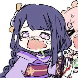  >_< crying genshin_impact long_hair multiple_girls open_mouth raiden_shogun rub sesield tears yae_miko 