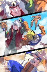  2boys artist_name battle blonde_hair facial_mark flak_jacket forehead_protector highres jacket jiraiya_(naruto) multiple_boys multiple_persona naruto naruto_(series) scroll_tube signature sssiii7610 teacher_and_student twitter_username uzumaki_naruto white_hair 
