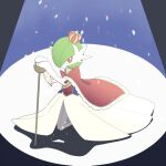  asgr_pww bob_cut cape crown dress gardevoir green_hair hair_over_one_eye kneeling looking_at_viewer mini_crown on_floor pink_eyes pokemon pokemon_(creature) red_cape spotlight white_dress 