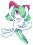  ambunny arms_up artist_name blush colored_skin dancing green_hair hair_over_one_eye kirlia looking_at_viewer multicolored_skin pink_eyes pokemon pokemon_(creature) smile two-tone_skin white_skin 