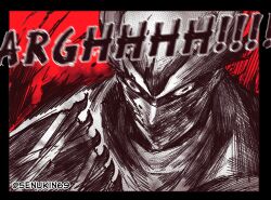  1boy bloodborne crazy_eyes english_text hat highres holding holding_weapon hunter_(bloodborne) male_focus mask mouth_mask saw saw_cleaver screaming senukin solo weapon 