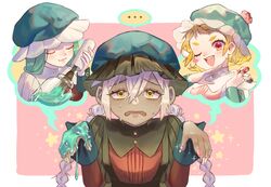  ... 3girls :3 blonde_hair blush blush_stickers braid dark-skinned_female dark_skin frown green_hair grey_hair gtcockroach hat highres holding long_hair long_sleeves looking_at_viewer multiple_girls nail_polish nail_polish_bottle ojou-sama_pose one_eye_closed open_mouth original short_hair sleeve_cuffs smile spoken_ellipsis thick_eyebrows twin_braids yellow_eyes 