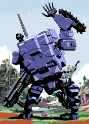  1girl assault_rifle belt blunt_bangs bodysuit boots chainsaw crescent_moon cropped_jacket double_bun drink full_body grass grey_sky gun gyoubu_ippei hair_bun highres holding holding_drink mecha moon mountain nature rifle robot rock sitting sky synduality waving weapon 