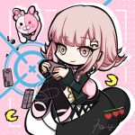  1girl black_jacket black_thighhighs bow brown_hair collared_shirt controller danganronpa_(series) danganronpa_2:_goodbye_despair ear_bow flipped_hair highres holding holding_controller jacket long_sleeves miniskirt monokuma monomi_(danganronpa) multicolored_background nanami_chiaki neck_ribbon open_clothes open_jacket pink_bag pink_eyes pink_footwear pink_ribbon playing_games pleated_skirt qianxiaxiale ribbon sharp_teeth shirt skirt smile spaceship_hair_ornament teeth thigh-highs white_shirt 